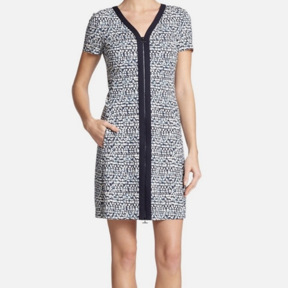 Tory Burch Geometric Print Ponte Zip Front Dress with Pockets Size XS